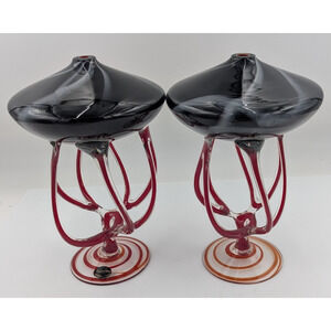 Rare Krosno Jozefina Vintage Glass Oil Lamp Pair 11" Tall Black Red Poland